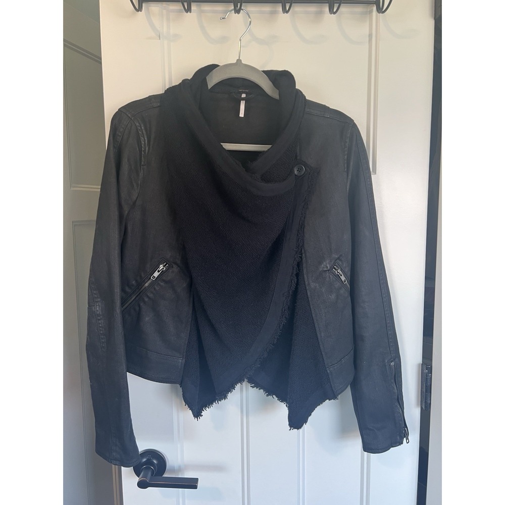 Free People Drape Front Moto Waxed‎ Biker Jacket Womens Size 4 Black Small